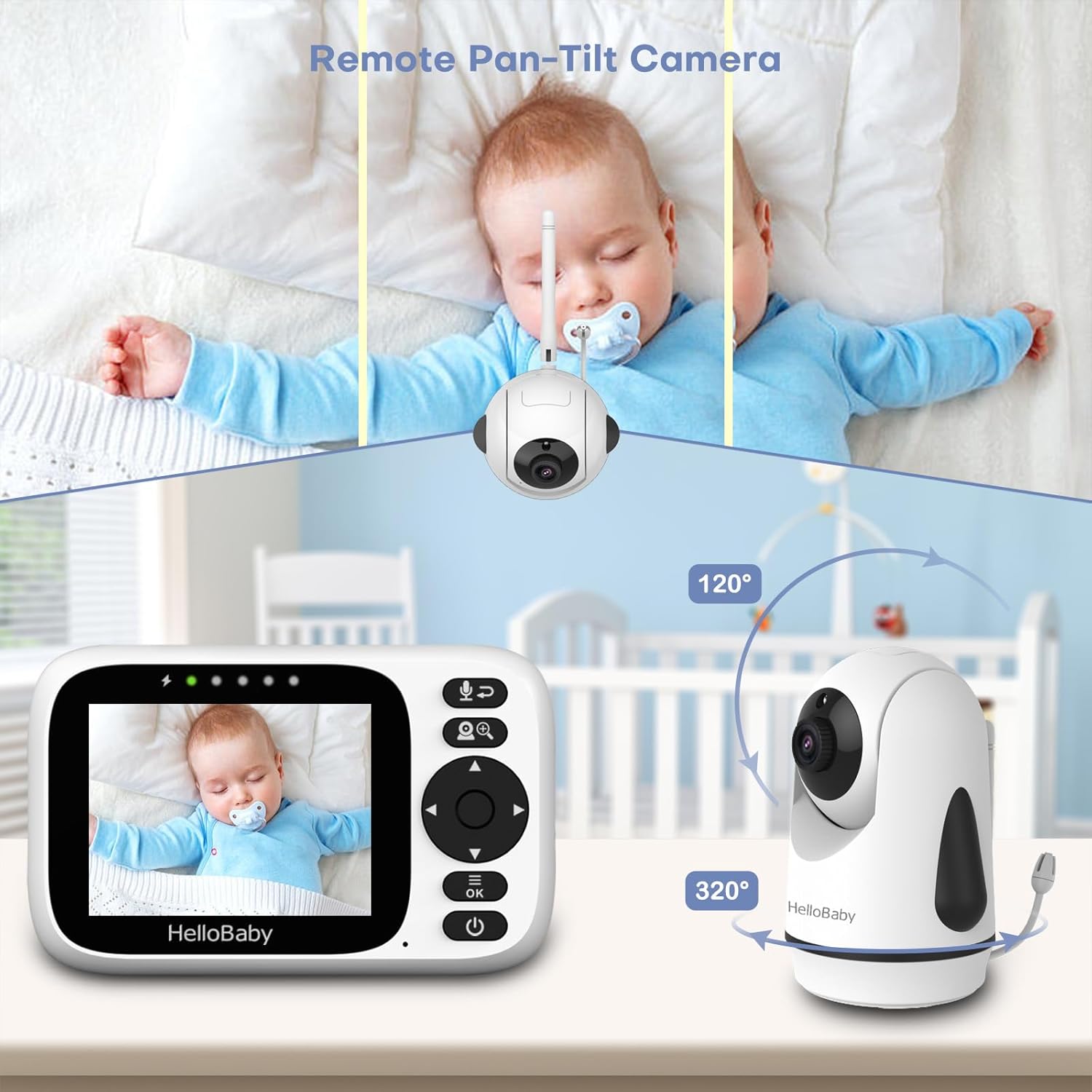 Hello Baby Baby Monitor No WiFi, Video Baby Monitors with Camera and Audio,3.2'' IPS Screen, Remote Pan-Tilt-Zoom Baby Camera Monitor,Plug&Play,Night Vision,1000ft Range,2-Way Talk, ECO Mode,Temperature — Photograph 4 of 8