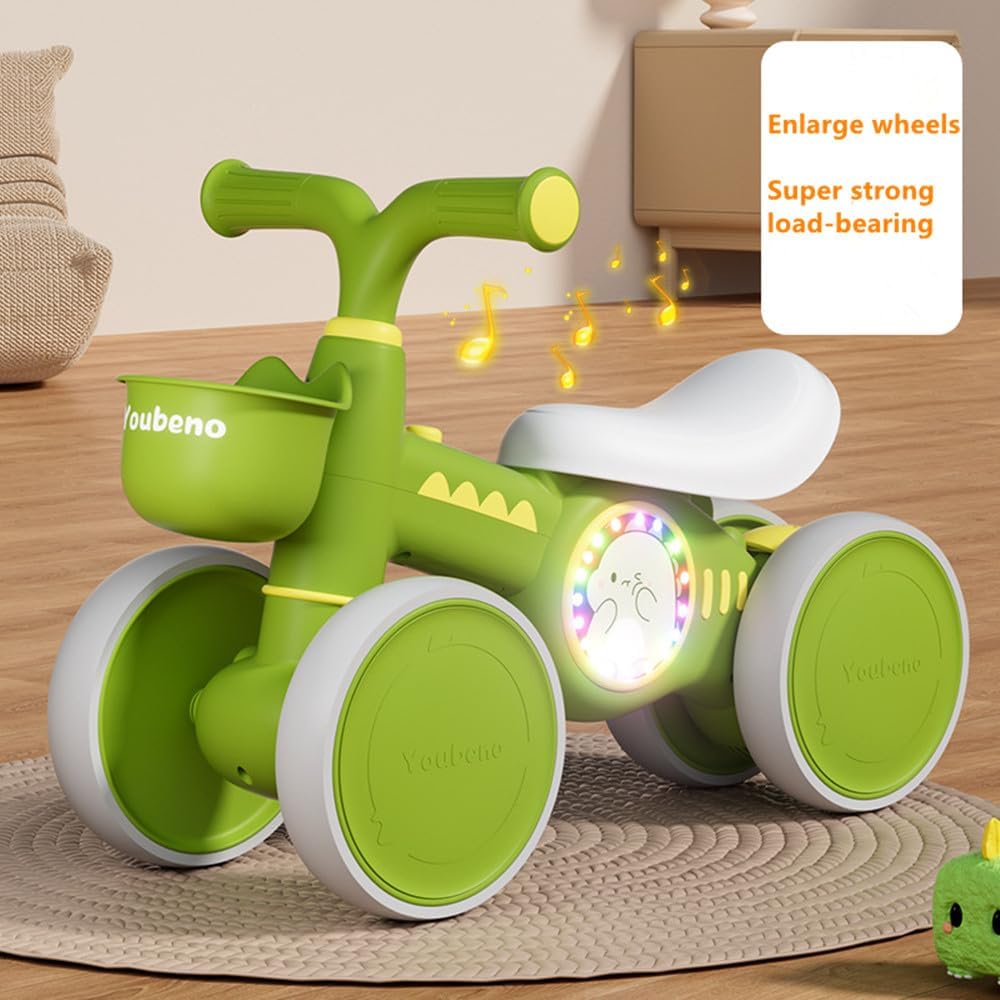Baby Balance Bike, Toddler Balance Car Indoors and Outdoors for 12-36 Months, First Bicycle without Pedal Four Wheels with Music and Lights, First Ride on Toys First Birthday Gift (Green) — Photograph 5 of 8