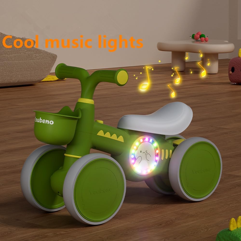 Baby Balance Bike, Toddler Balance Car Indoors and Outdoors for 12-36 Months, First Bicycle without Pedal Four Wheels with Music and Lights, First Ride on Toys First Birthday Gift (Green) — Photograph 7 of 8