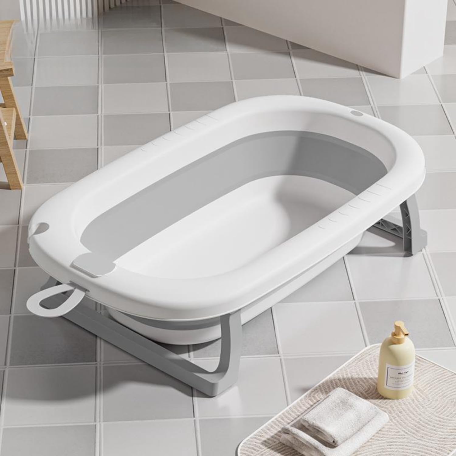 SKY-TOUCH Baby Foldable Bathing Tubs with Soft Bathmat Cushion & Thermometer, NewBorn Babybath Tub with Drain Hole, Non-Slip Support Leg for 0-6 Years Boy Girl (Grey) — Photograph 2 of 5
