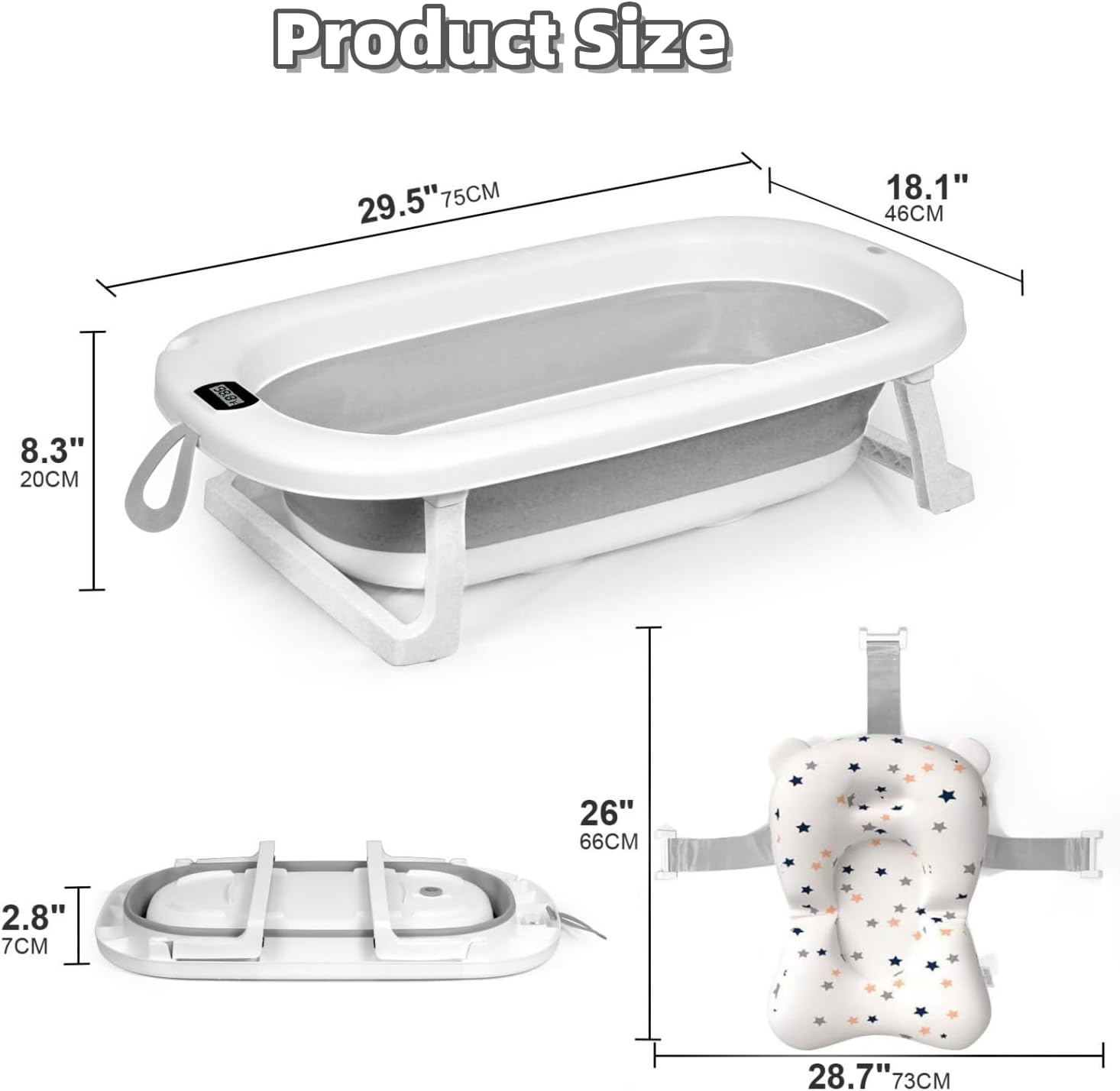 SKY-TOUCH Baby Foldable Bathing Tubs with Soft Bathmat Cushion & Thermometer, NewBorn Babybath Tub with Drain Hole, Non-Slip Support Leg for 0-6 Years Boy Girl (Grey) — Photograph 3 of 5