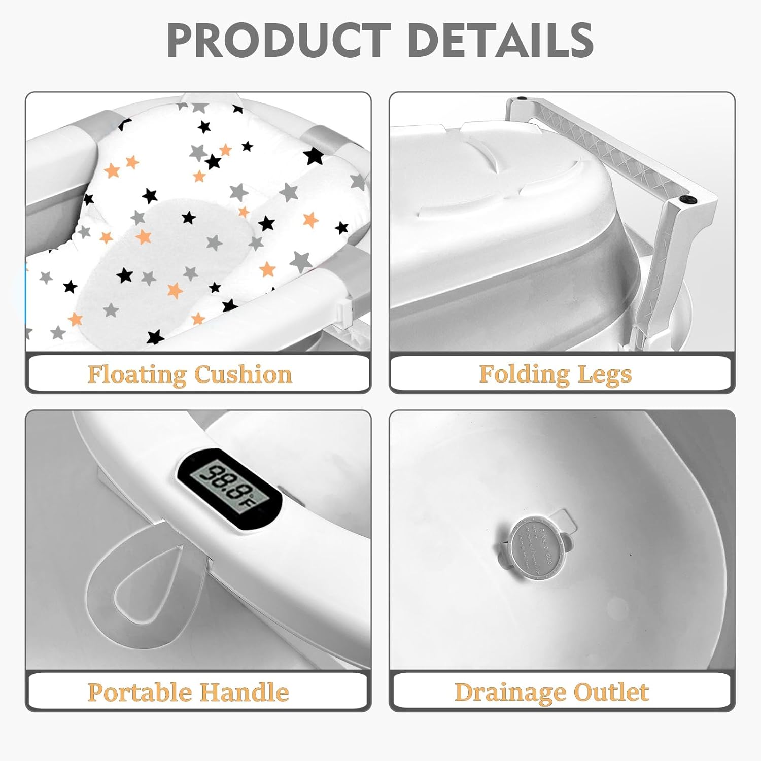 SKY-TOUCH Baby Foldable Bathing Tubs with Soft Bathmat Cushion & Thermometer, NewBorn Babybath Tub with Drain Hole, Non-Slip Support Leg for 0-6 Years Boy Girl (Grey) — Photograph 4 of 5