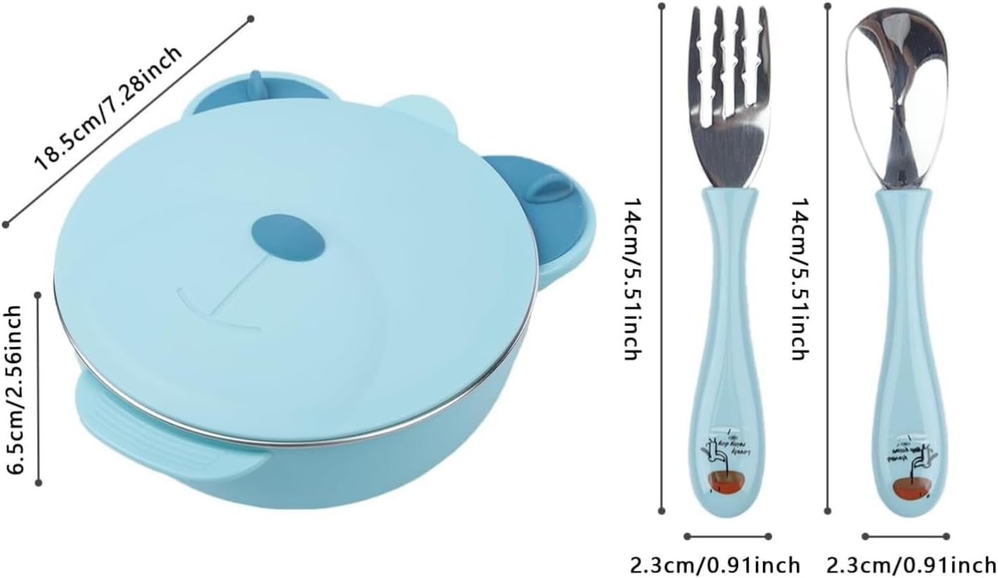 MOTIM Stainless Steel Baby Feeding Bowl, Toddler Suction Plate with Lid Spoon and Fork, BPA Free Easy to clean for Baby Toddler (Blue) — Photograph 2 of 9