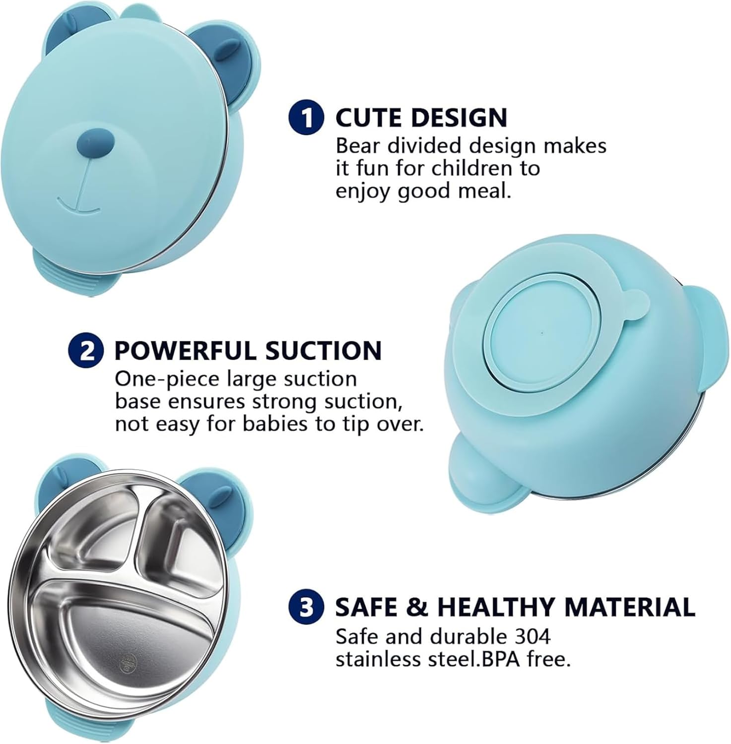 MOTIM Stainless Steel Baby Feeding Bowl, Toddler Suction Plate with Lid Spoon and Fork, BPA Free Easy to clean for Baby Toddler (Blue) — Photograph 3 of 9