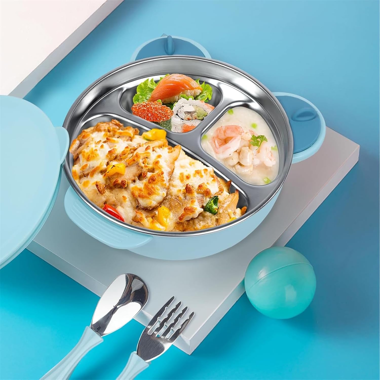 MOTIM Stainless Steel Baby Feeding Bowl, Toddler Suction Plate with Lid Spoon and Fork, BPA Free Easy to clean for Baby Toddler (Blue) — Photograph 8 of 9