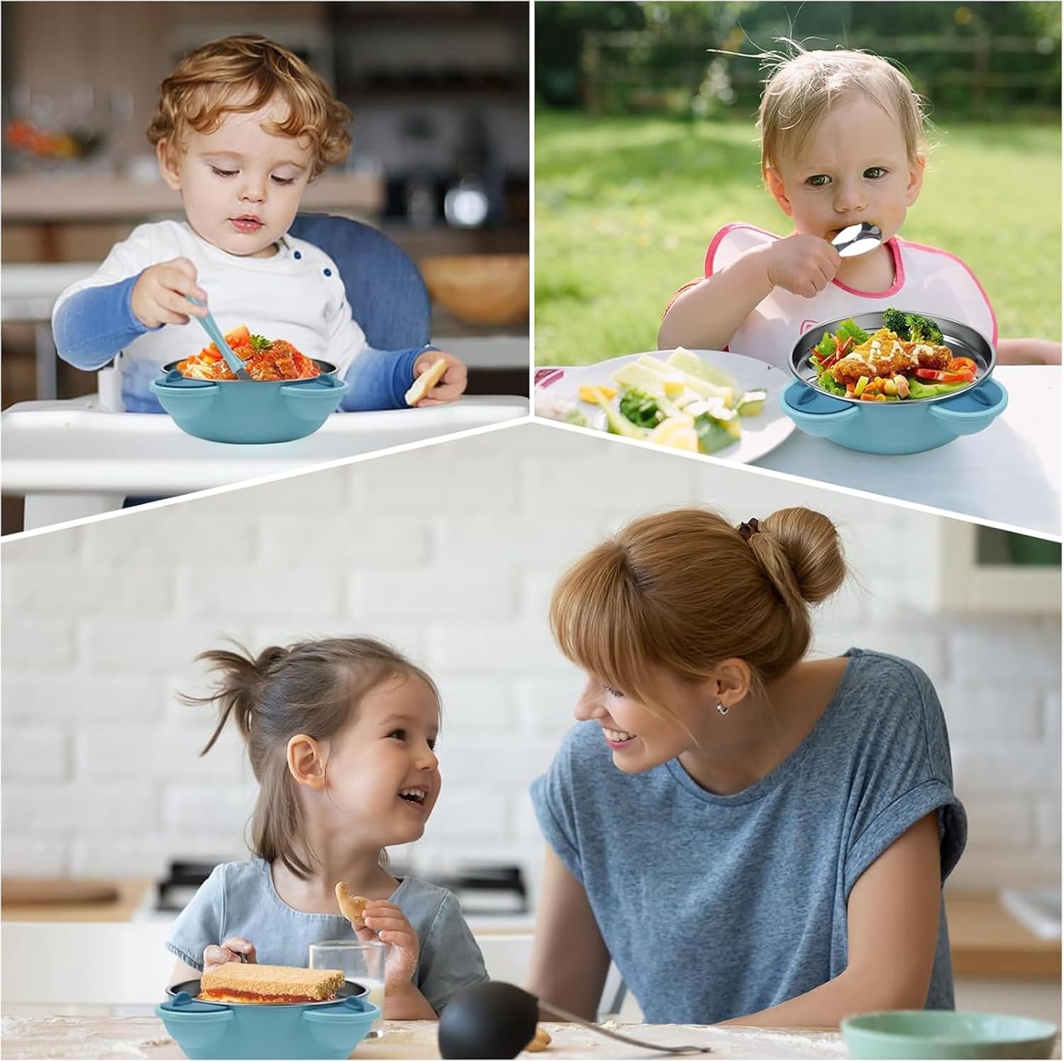 MOTIM Stainless Steel Baby Feeding Bowl, Toddler Suction Plate with Lid Spoon and Fork, BPA Free Easy to clean for Baby Toddler (Blue) — Photograph 9 of 9