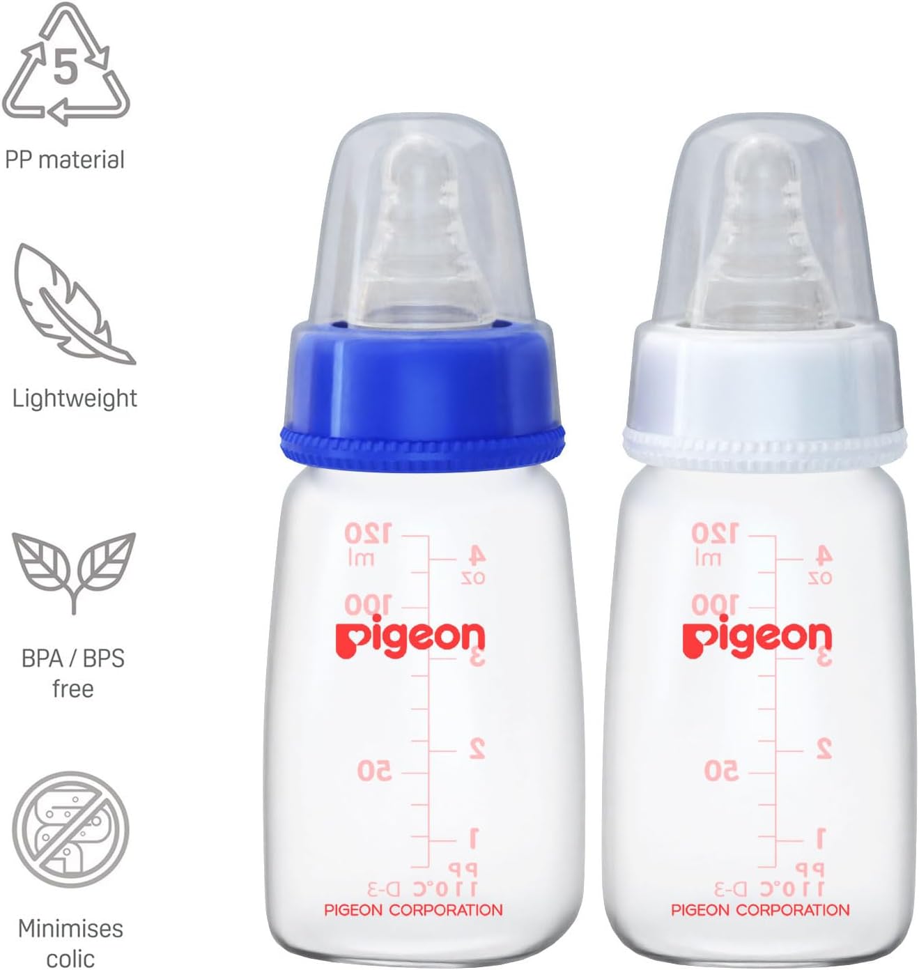 Pigeon Flexible Nursing Baby Feeding Bottle for New Born | Japan's No.1 Brand | Ideal for 0 Months+ Babies | BPA Free | Anti-Colic | Transparent | Blue and White Colour | 120ml | Pack of 2 — Photograph 7 of 7