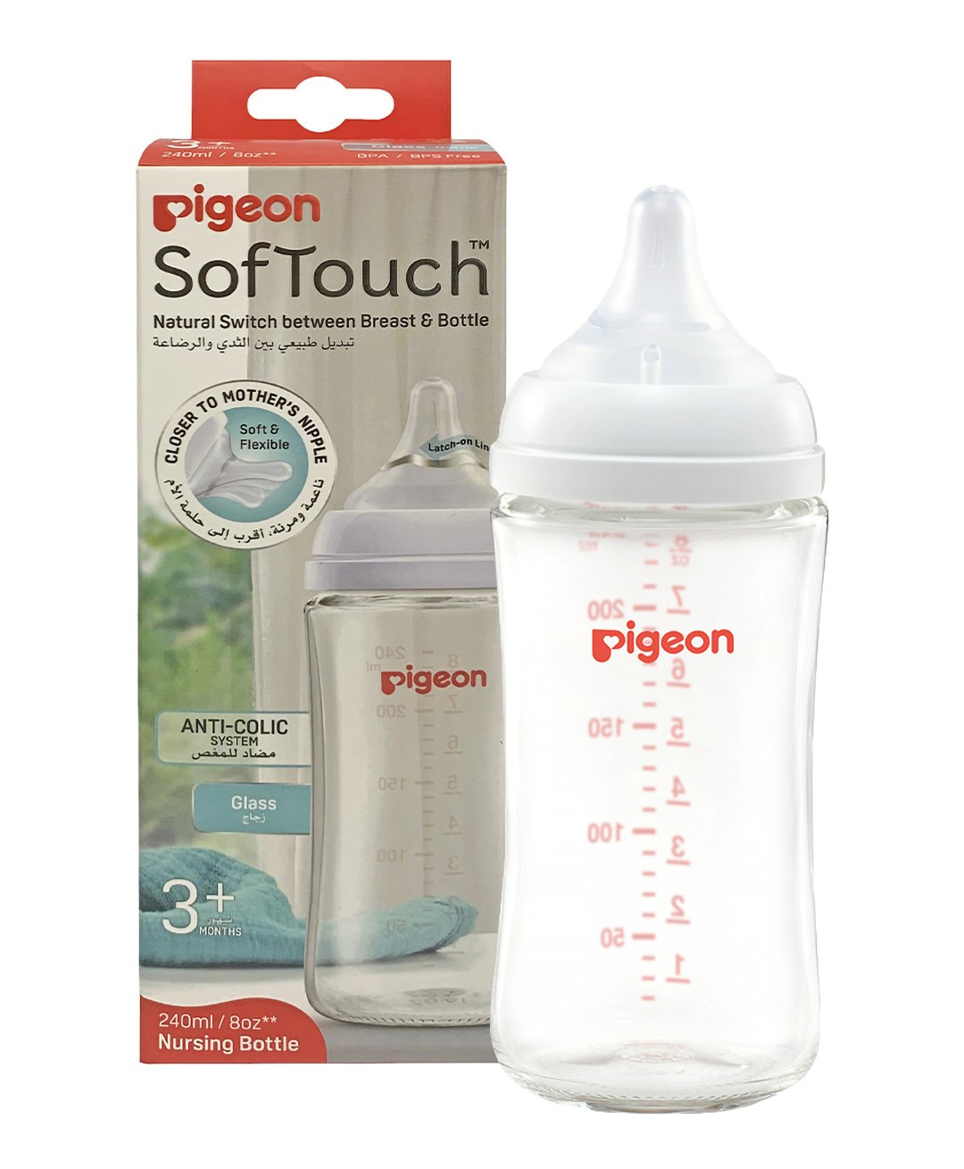 Pigeon Softouch Wide Neck Glass Nursing Bottle, Medium Nipple Size, BPA Free, 3 + Months, 240ml — Photograph 6 of 7