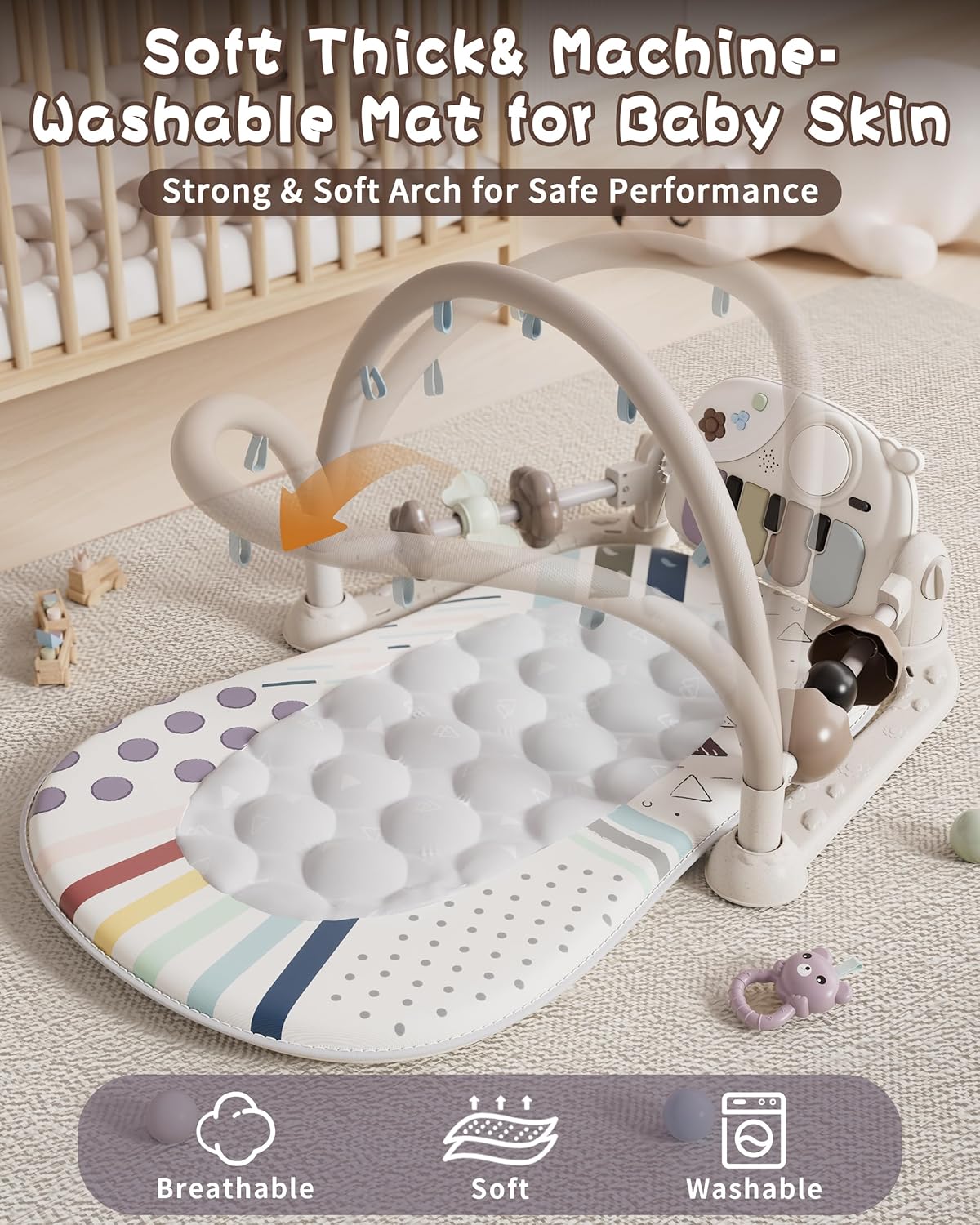 Jovow Baby Gym with Kick and Play Piano, Baby Play Mat Tummy Time Activity Gym Mat with 5 Infant Sensory, Music & Lights Boy or Girl for Newborn 0 to 3 6 9 12 Months — Photograph 3 of 5