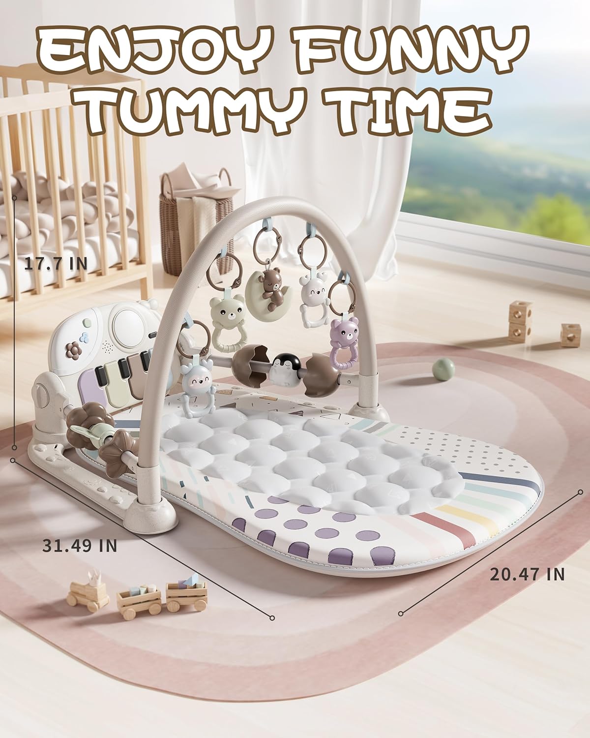 Jovow Baby Gym with Kick and Play Piano, Baby Play Mat Tummy Time Activity Gym Mat with 5 Infant Sensory, Music & Lights Boy or Girl for Newborn 0 to 3 6 9 12 Months — Photograph 4 of 5