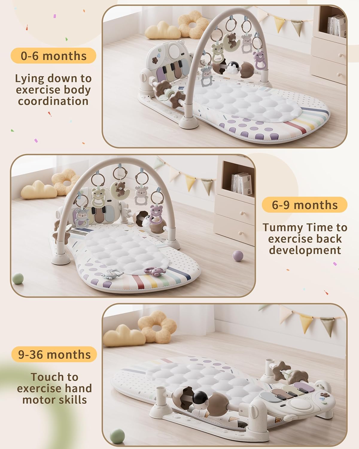 Jovow Baby Gym with Kick and Play Piano, Baby Play Mat Tummy Time Activity Gym Mat with 5 Infant Sensory, Music & Lights Boy or Girl for Newborn 0 to 3 6 9 12 Months — Photograph 5 of 5