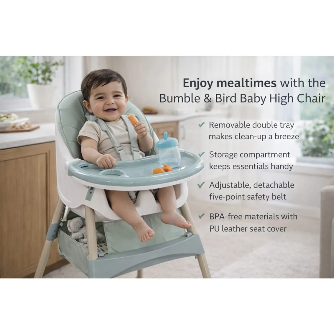 5 in 1 Convertible Baby High Chair, Foldable Toddler Dining Chair with Removable Tray, 5-Point Safety Harness, PU Cushion & Anti-Slip Base, Portable Height Adjustable High Chair for Kids — Photograph 9 of 9