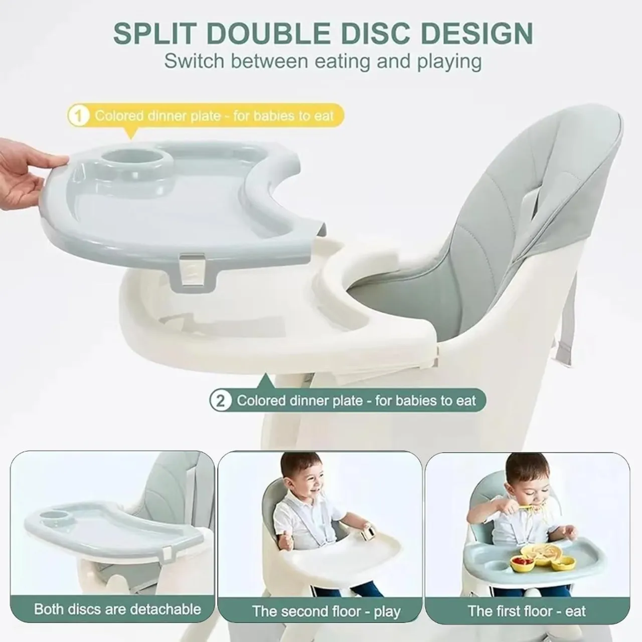 5 in 1 Convertible Baby High Chair, Foldable Toddler Dining Chair with Removable Tray, 5-Point Safety Harness, PU Cushion & Anti-Slip Base, Portable Height Adjustable High Chair for Kids — Photograph 7 of 9