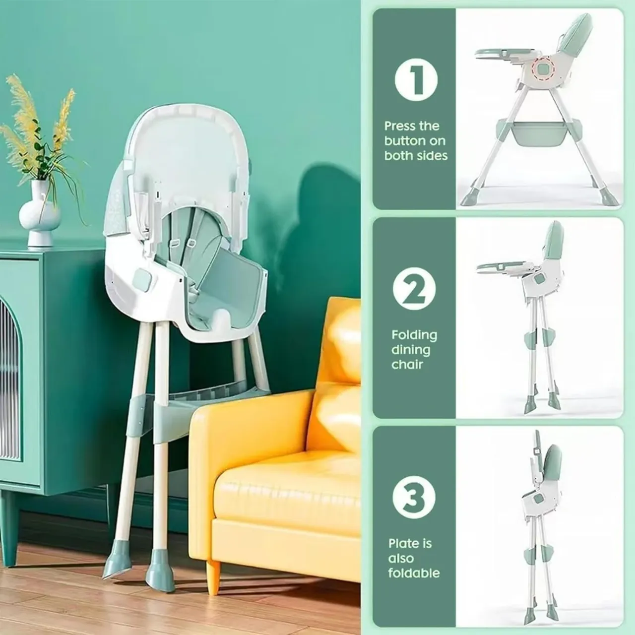 5 in 1 Convertible Baby High Chair, Foldable Toddler Dining Chair with Removable Tray, 5-Point Safety Harness, PU Cushion & Anti-Slip Base, Portable Height Adjustable High Chair for Kids — Photograph 8 of 9