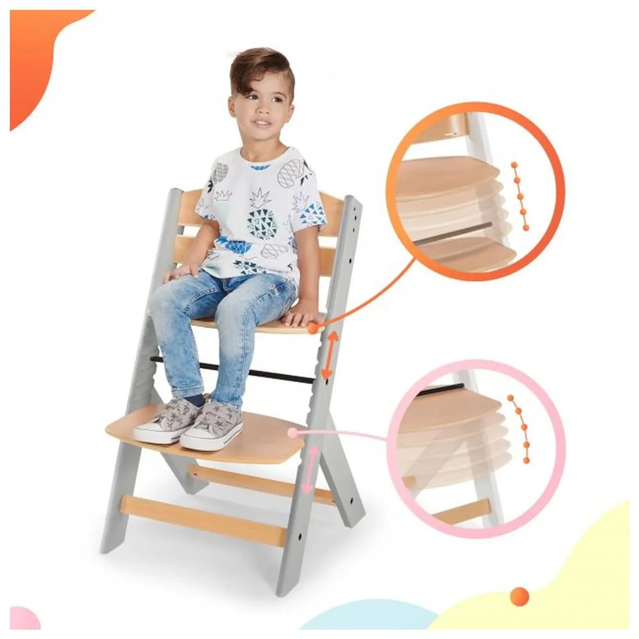 Kinderkraft ENOCK Wooden High Chair with Cushion - Grey — Photograph 5 of 7
