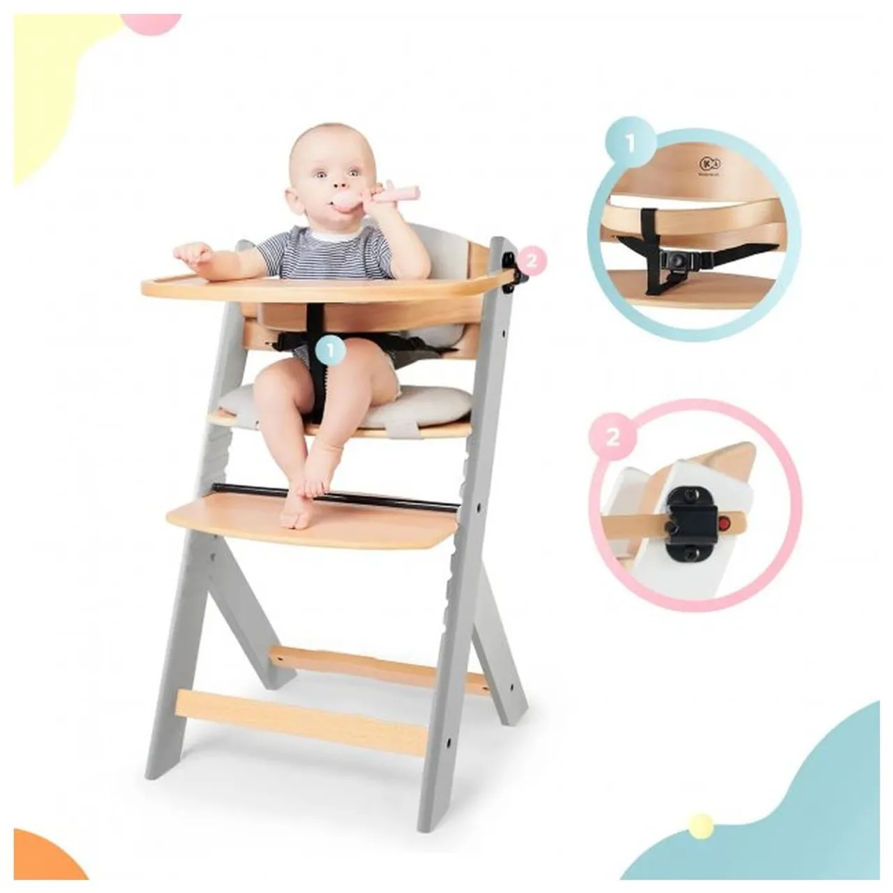 Kinderkraft ENOCK Wooden High Chair with Cushion - Grey — Photograph 6 of 7