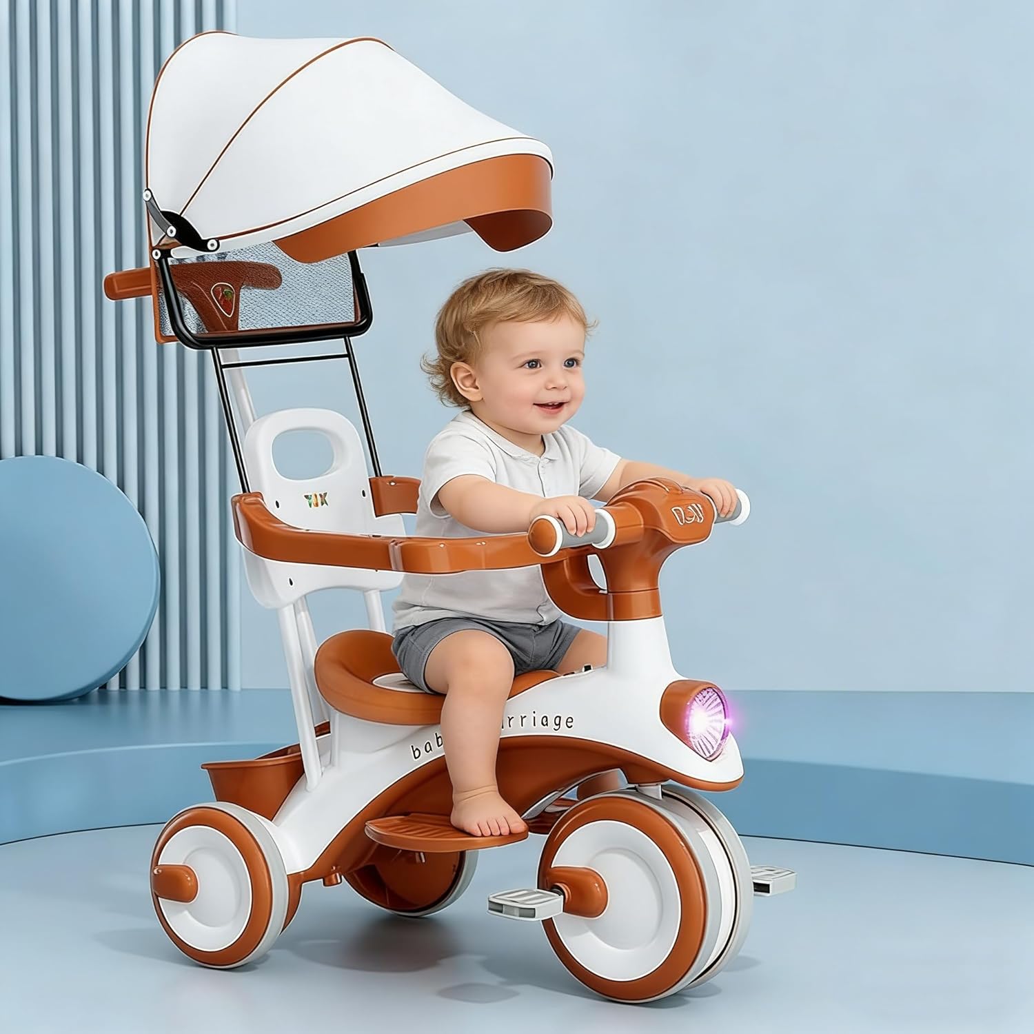 Baby Carriage 3 in 1 Kids Tricycle with Parent Handle, Canopy, Light & Music Toddler Trike for Girls and Boys, Adjustable Push Handle, Safety Guardrail, – Baby Stroller Tricycle for 1-5 Years (Orange)