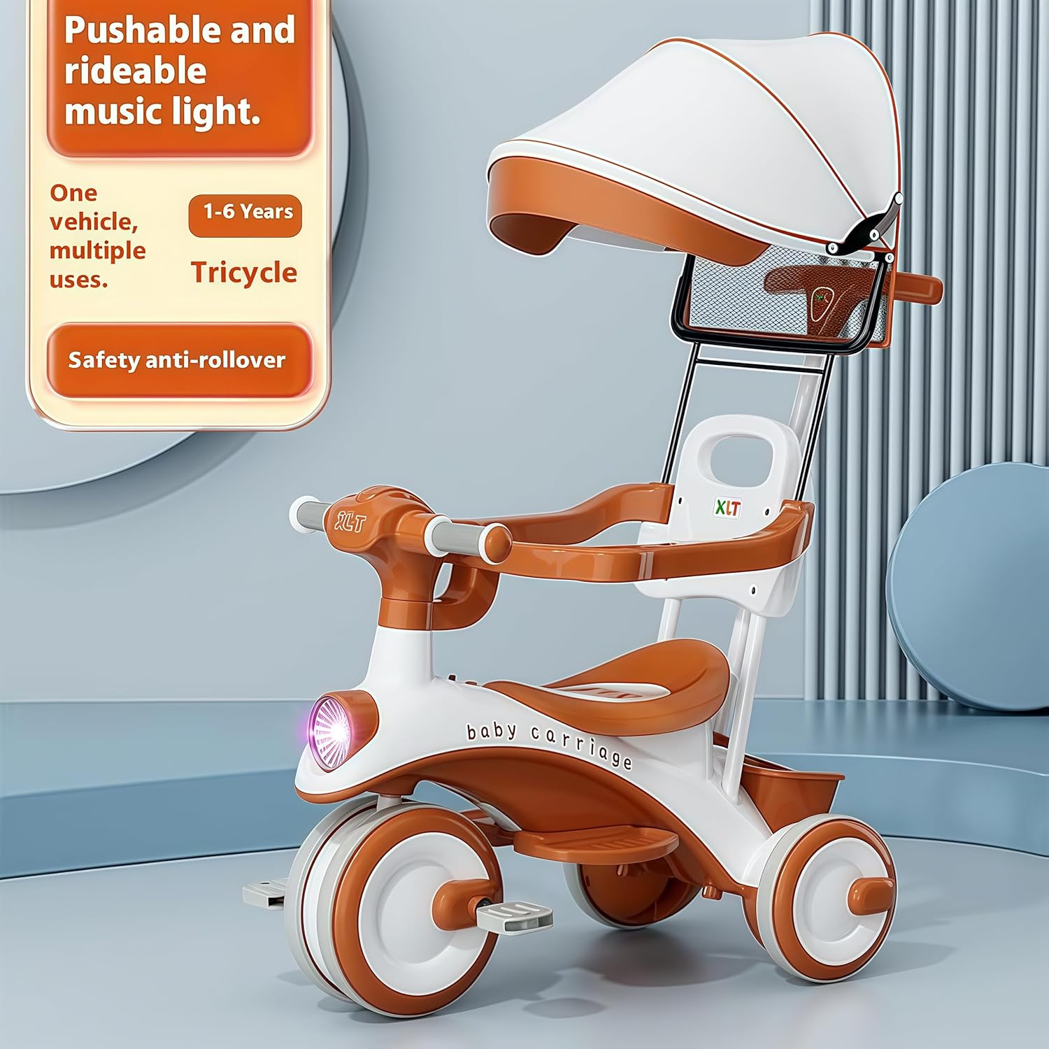 Baby Carriage 3 in 1 Kids Tricycle with Parent Handle, Canopy, Light & Music Toddler Trike for Girls and Boys, Adjustable Push Handle, Safety Guardrail, – Baby Stroller Tricycle for 1-5 Years (Orange) — Photograph 2 of 8