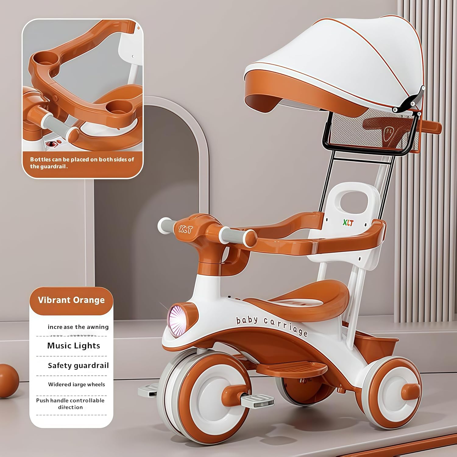 Baby Carriage 3 in 1 Kids Tricycle with Parent Handle, Canopy, Light & Music Toddler Trike for Girls and Boys, Adjustable Push Handle, Safety Guardrail, – Baby Stroller Tricycle for 1-5 Years (Orange) — Photograph 3 of 8