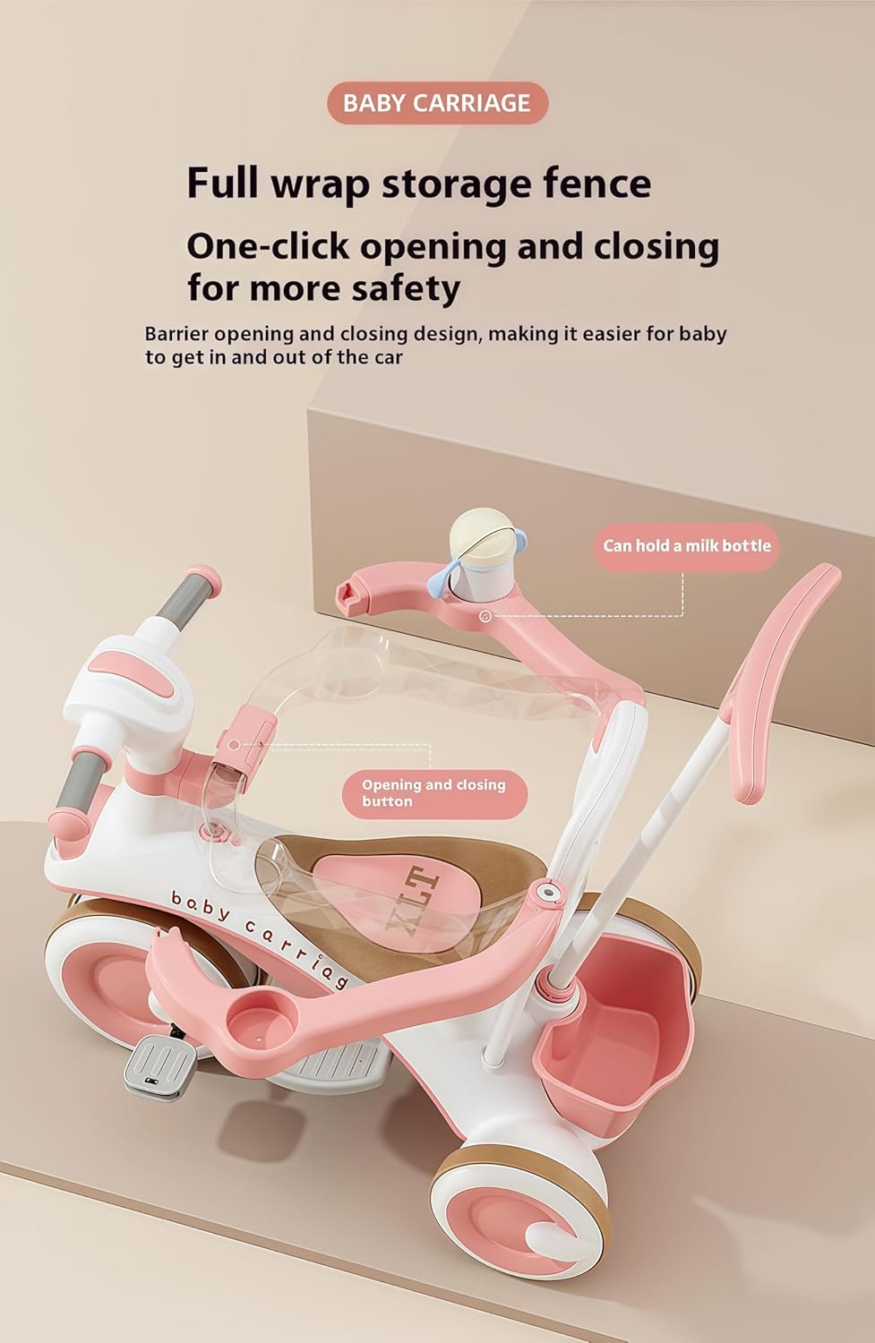 Baby Carriage 3 in 1 Kids Tricycle with Parent Handle, Canopy, Light & Music Toddler Trike for Girls and Boys, Adjustable Push Handle, Safety Guardrail, – Baby Stroller Tricycle for 1-5 Years (Orange) — Photograph 5 of 8