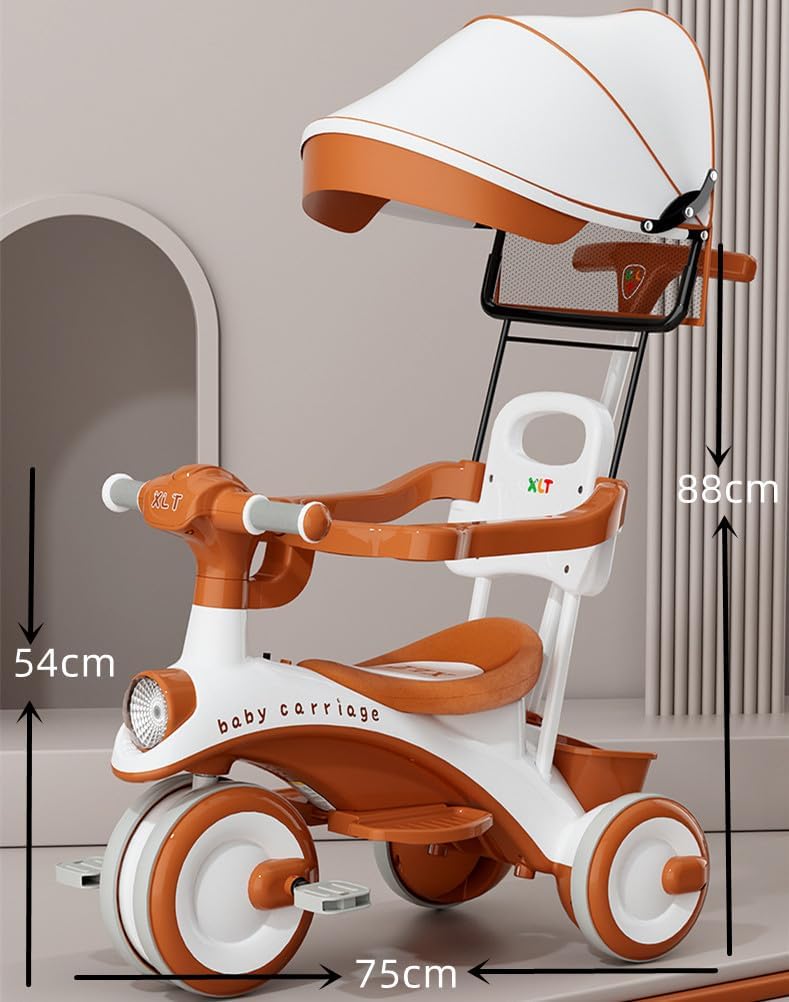 Baby Carriage 3 in 1 Kids Tricycle with Parent Handle, Canopy, Light & Music Toddler Trike for Girls and Boys, Adjustable Push Handle, Safety Guardrail, – Baby Stroller Tricycle for 1-5 Years (Orange) — Photograph 8 of 8